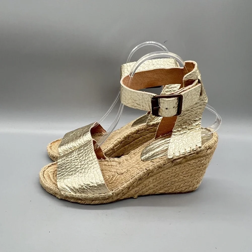 J Crew Sandals Womens 7 Gold Leather Espadrille Ankle Strap High Wedge Shoes